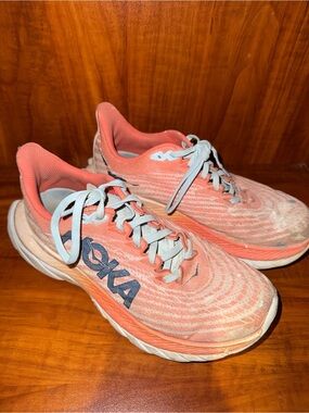 Hoka Women's Coral and Light Gray Athletic Running Shoes